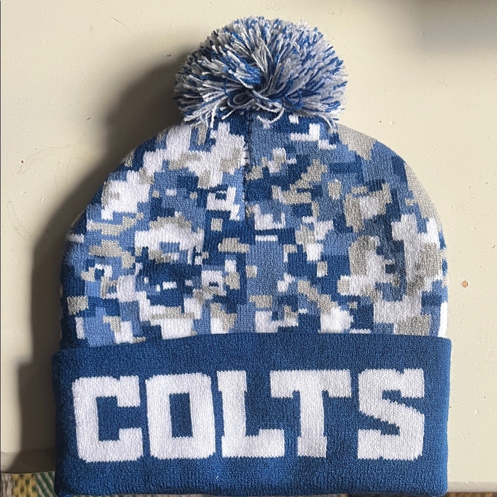 Blue and Gray Pom-Pom Beanie